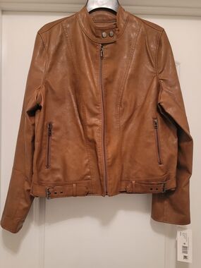 Macy's Faux Leather Cognac Brown Faux Leather Moto Jacket - Size: XLarge